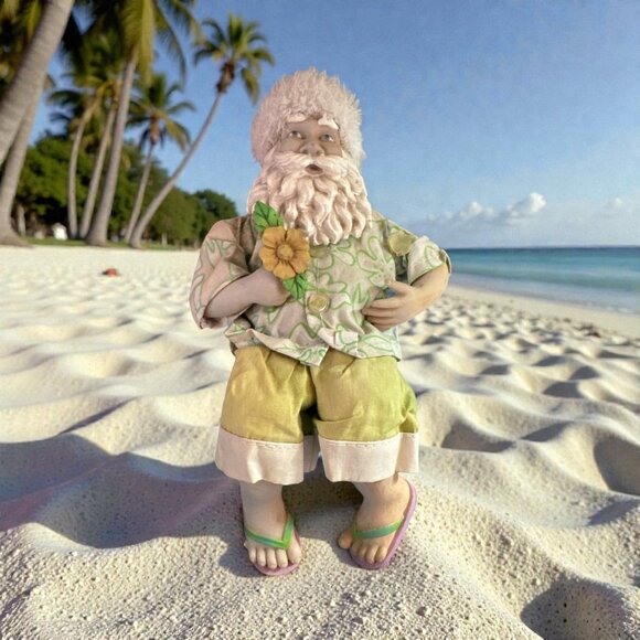 Hawaiian-Themed Santa Claus Figurine With Floral Shirt & Flip Flops  Terrys Vill - Picture 5 of 6